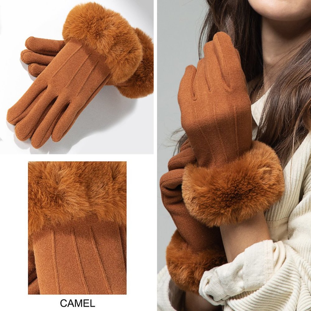 2 PACK: Camel color faux fur vegan suede soft warm comfy winter gloves